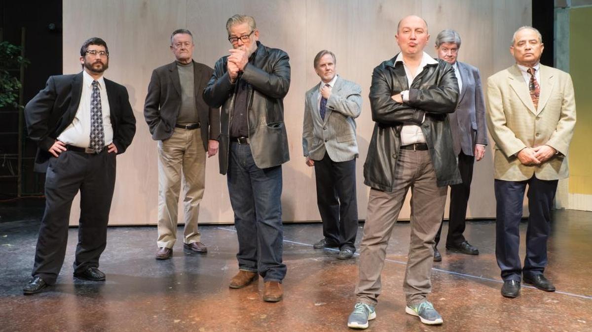 Prospect Theater Project presents the drama “Glengarry Glen Ross” with, from left, James Kusy, Carl Bengston, Jack Souza, David Ackerman, Nick Zagone, Gary Thomas and Tom Solomon. The play opens Friday, Feb. 24, and runs through Sunday, March 12, in Modesto.