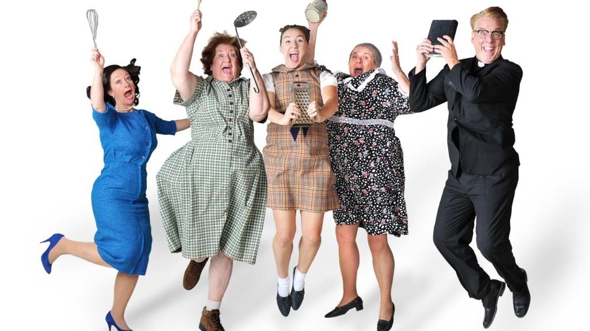 Sierra Repertory Theatre presents “Church Basement Ladies: A Mighty Fortress Is Our Basement” – featuring, from left, Catherine Gordon, Deb Mainard, Elizabeth McMonagle, Regina Harbour and Chris Vettel – opens Friday, Oct. 14, 2016, and runs through Sunday, Nov. 27, 2016, in Columbia.