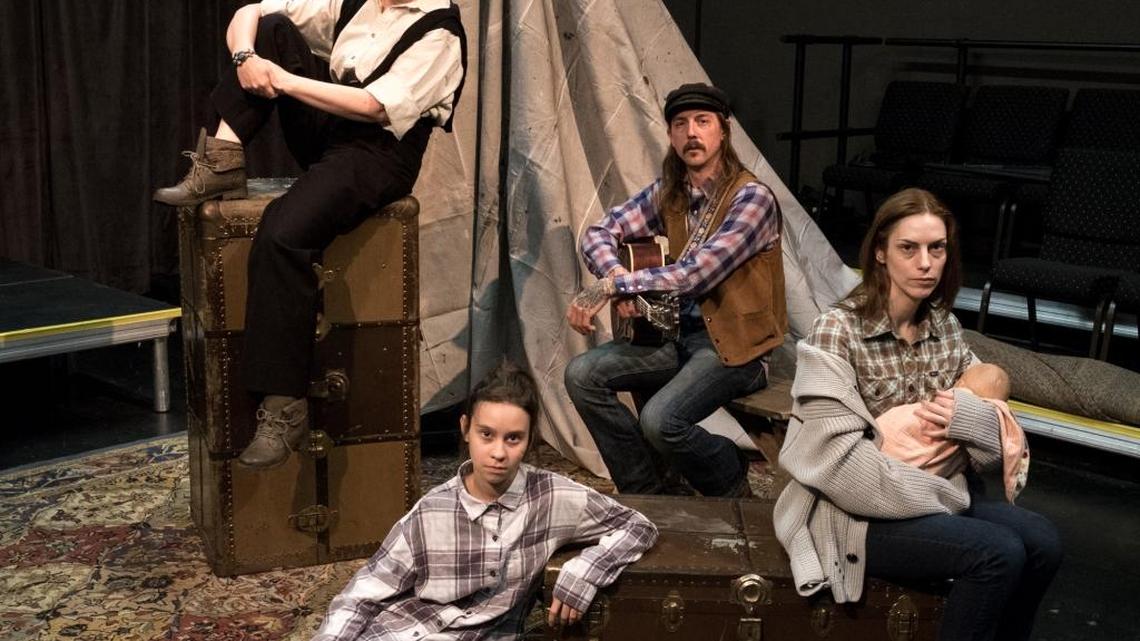The Prospect Theater Project’s production of “Migrant Mother” stars, from left Robin Bjerke as Dorothea Lange, Anna Mia Conley as one of Florence Owens Thompson’s children, Andrew Durr as Kid Guitar, and Melissa Dawn as Owens Thompson.