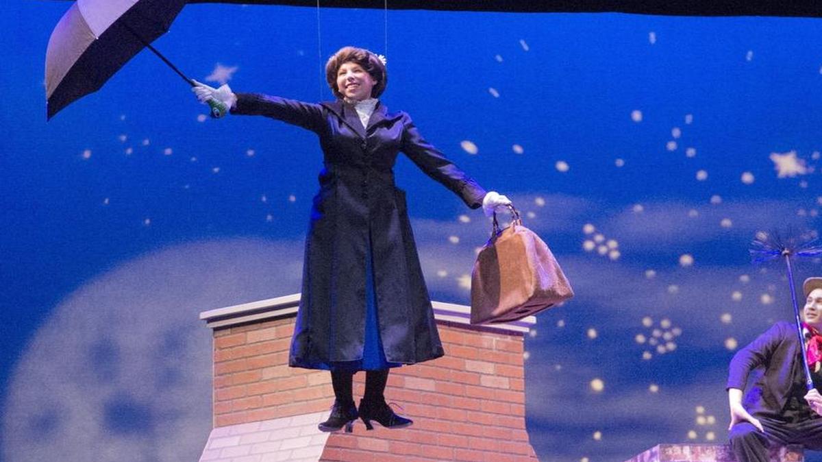 
Mary Poppins (Natalie Giannosa) flies away with Bert (Sam Gerber) waving goodbye in the YES Company production of “Mary Poppins,” opening Friday at Gallo Center for the Arts in Modesto.
