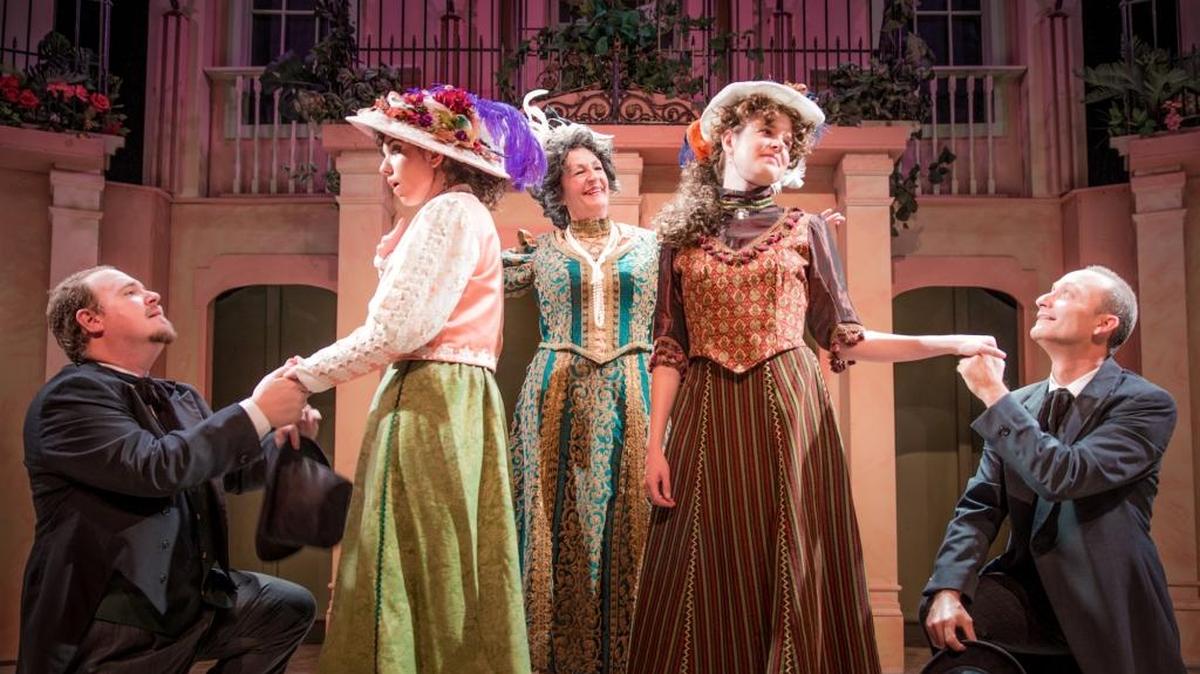 
Playhouse Merced presents “The Importance of Being Earnest,” with, from left, Stephen Mouillesseaux, Meganne Kocher, Connie Stetson, Katie Brokaw and Colton Dennis. The play runs through Oct. 11.
