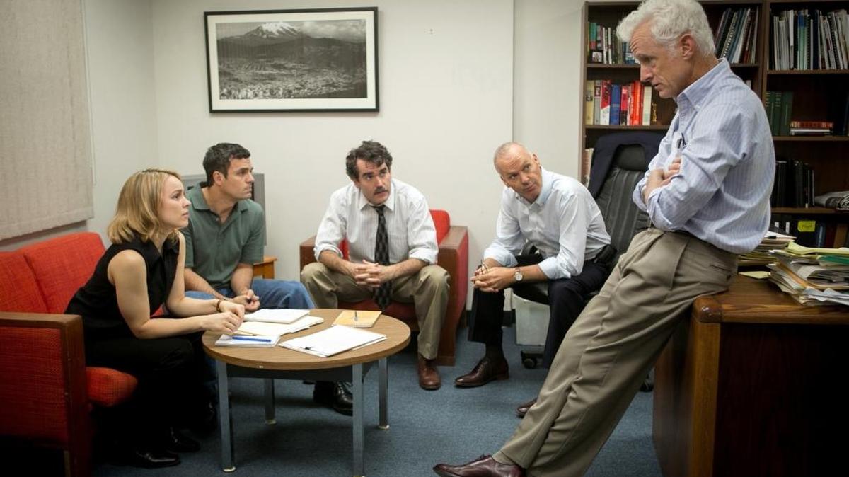 “Spotlight” stars, from left, Rachel McAdams, Mark Ruffalo, Brian d’Arcy James, Michael Keaton and John Slattery. It won the Oscar for best picture.