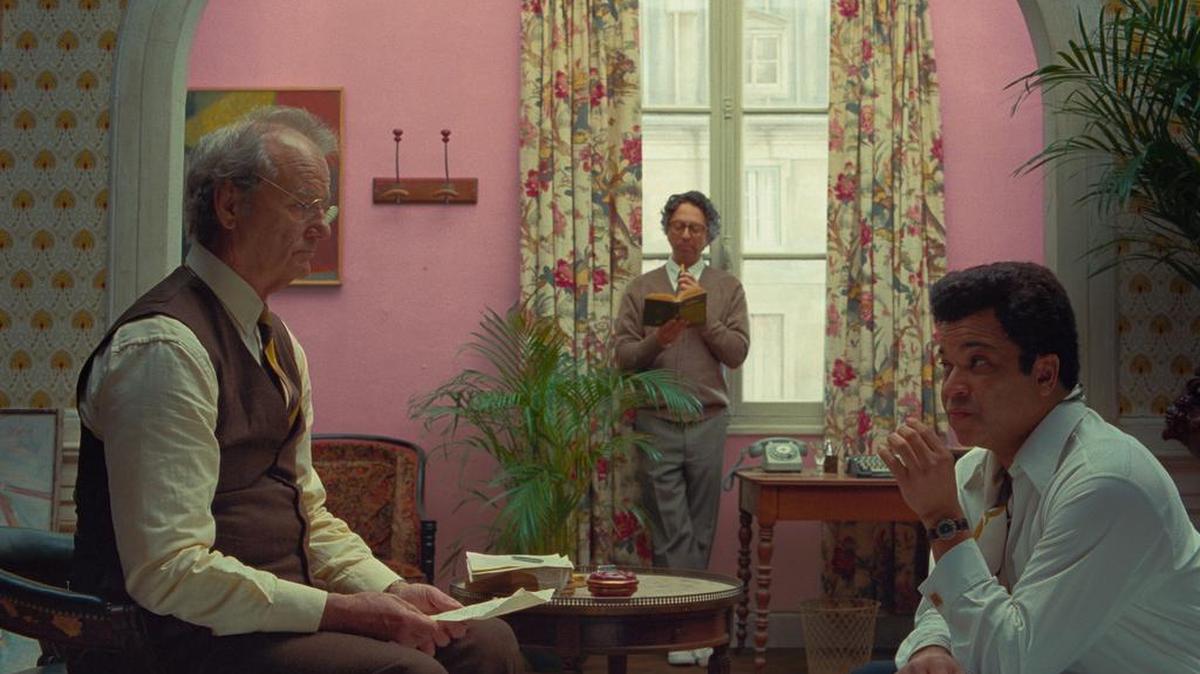 From left, Bill Murray, Wally Wolodarsky and Jeffrey Wright in “The French Dispatch,” playing at the State Theatre in Modesto.