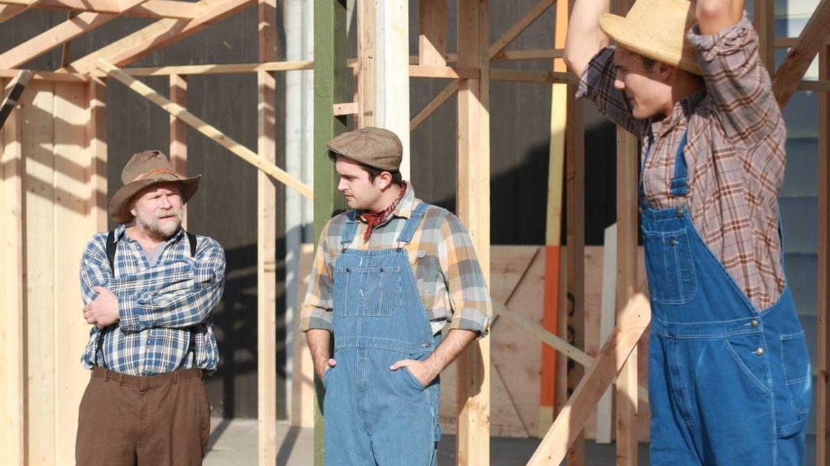 Rush Pearson as Candy, Lucas Gonzales as George, Kyle Gouveia as Lennie in “Of Mice and Men.”