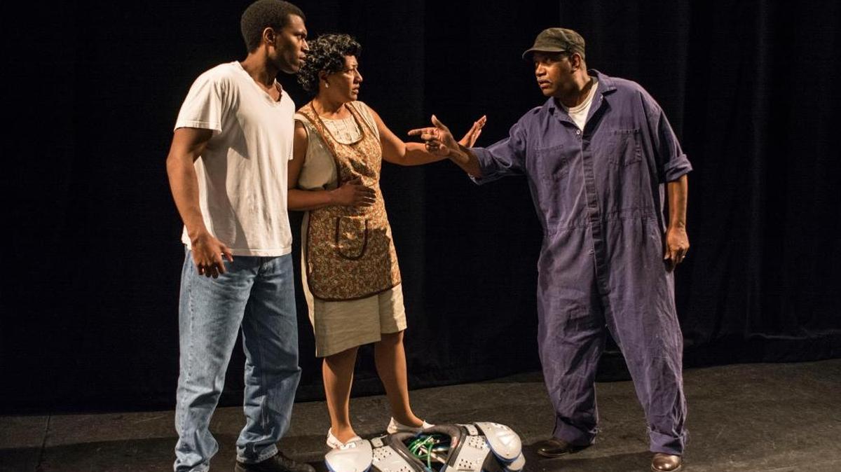 Sankofa Theatre Company’s production of August Wilson’s “Fences” stars, from left, Adam Torrian as Cory Maxson, Bridget Brooks-Mack as Rose Maxson, and Greg Savage as Troy Maxson. It will be presented today, Saturday and Sunday at the Gallo.