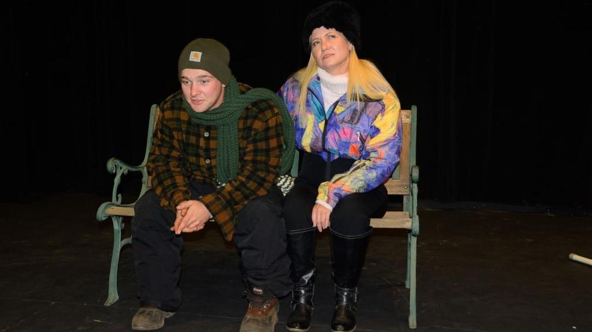 Matthew Hobgood and Sheri Garland rehearse for Stage 3 Theatre Company’s staging of “Almost, Maine,” which opens Saturday and runs through Dec. 20 in Sonora.