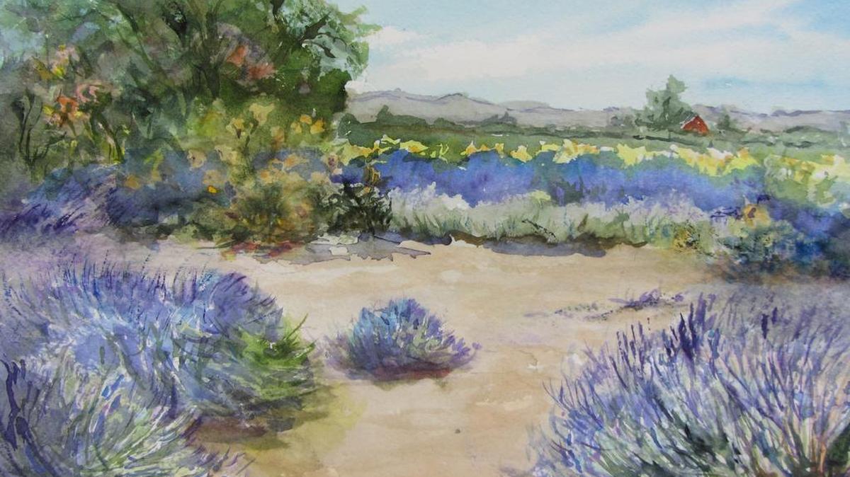 Barbara Gill Salerno's "Beekman's Lavender Farm" watercolor is among the prizes during the Stanislaus Artist Open Studio Tour.