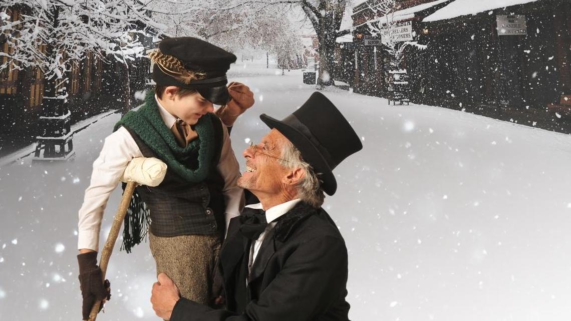 Joseph Fitzgerald, left, stars with Don Bilotti in “A Columbia Christmas Carol,” through Dec. 20 in Columbia State Historic Park. The background image is by Dave Bonnot.