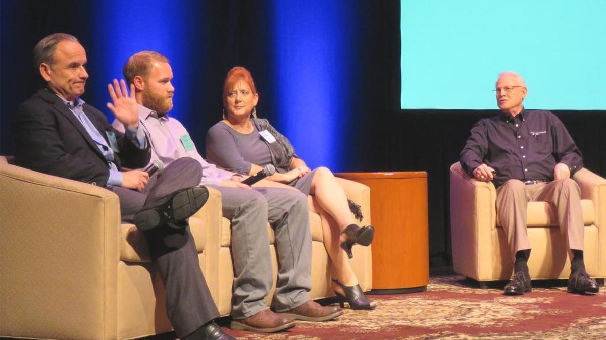 Fred Mickelson, campaign director with Funding Solutions (right), moderates a panel discussion at the launch of the Opportunity Stanislaus campaign Tuesday (03-01-16) at Gallo Center for the Arts in Modesto. The panel included Stanislaus Innovation Challenge winner Charlene Solomon, Brian Fiscalini of Fiscalini Cheese Company and Frank Otis of Crystal Creamery (left).