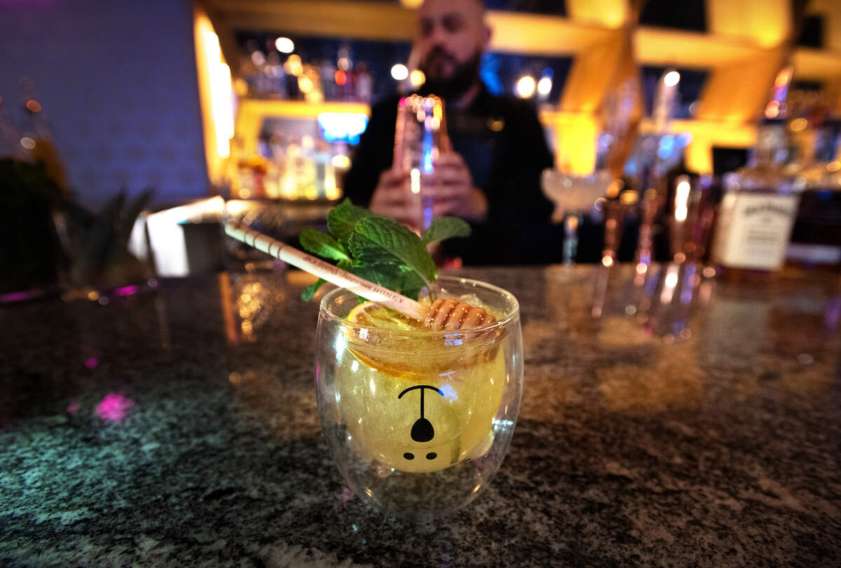Honey comb mixed drink, Jack Daniels honey whiskey and honey, at Spotlight Ultra Lounge in downtown Modesto, Calif., on March 10, 2022. The nightclub is planning to open this month.