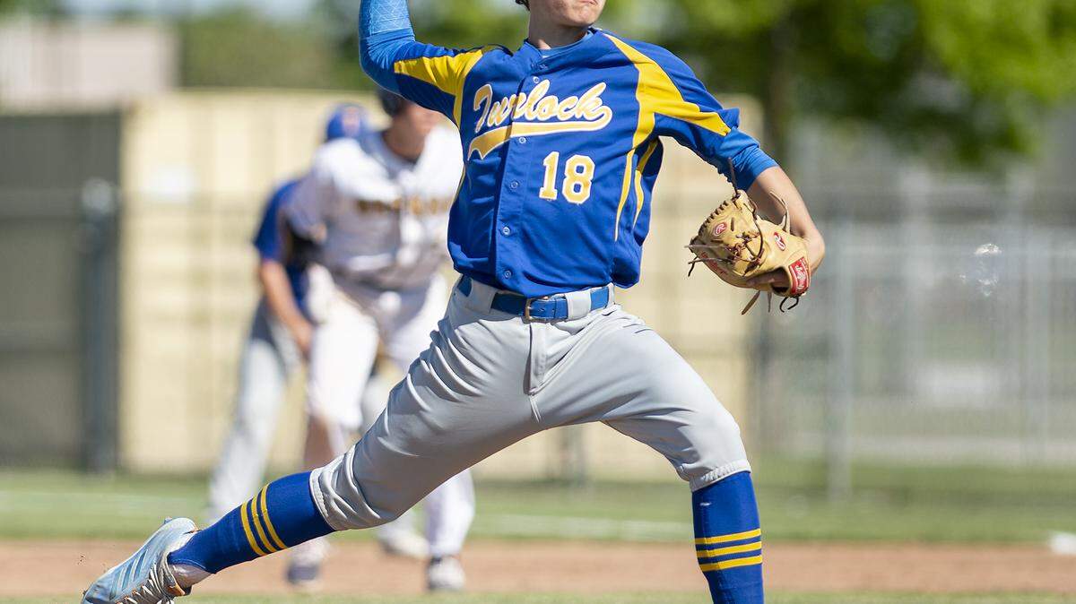 Turlock’s Dominic Rodriguez delivers a pitch during the Central California Athletic League game with Gregori at Gregori High School in Salida, Calif., Wednesday, April 17, 2019.