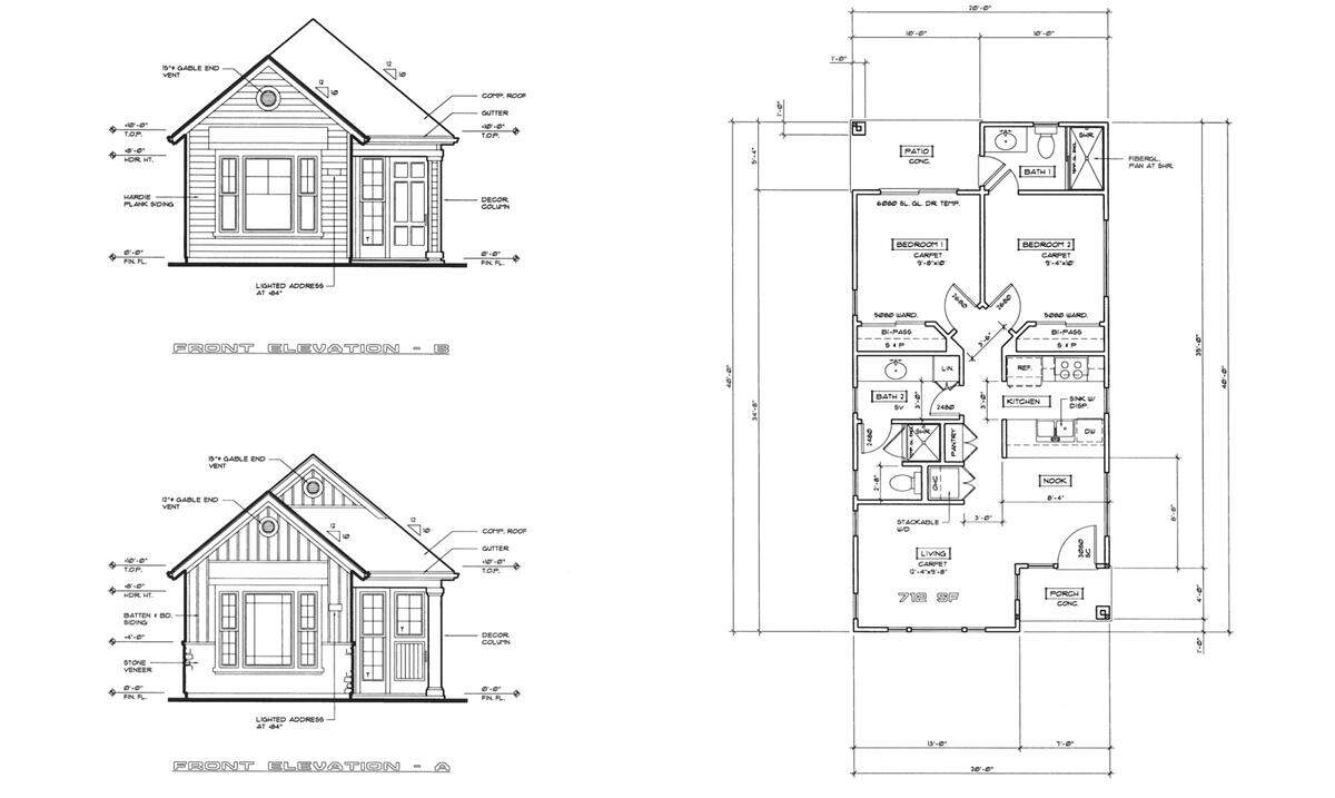 An architect’s sketch shows one the three floor plan options at a “tiny house village” discussed in Riverbank CA on July 19, 2022. Each plan has two options for the front of the house.