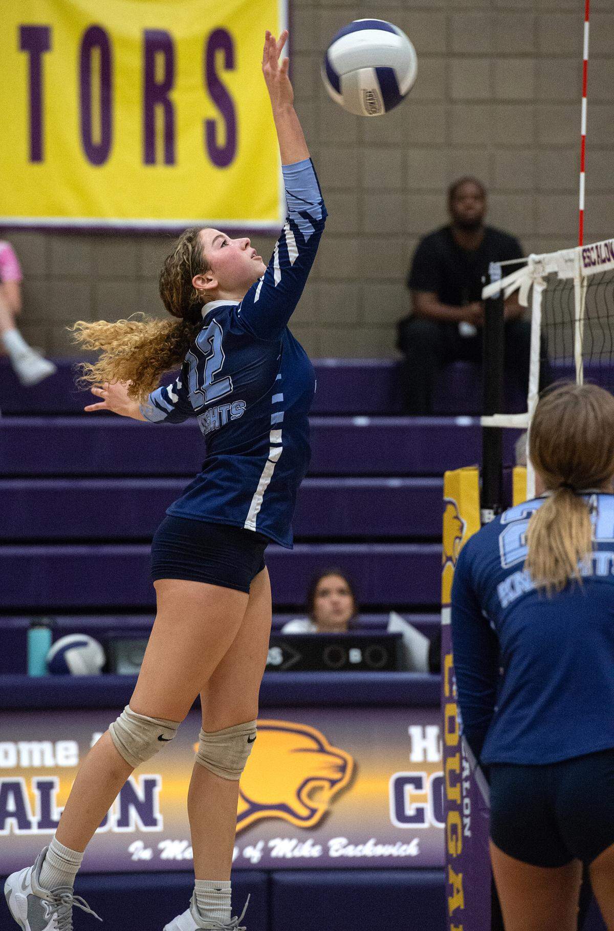 Downey’s Cat Frias spikes the ball during a non-league match with Escalon in Escalon, Calif., on Tuesday, September 27, 2022.