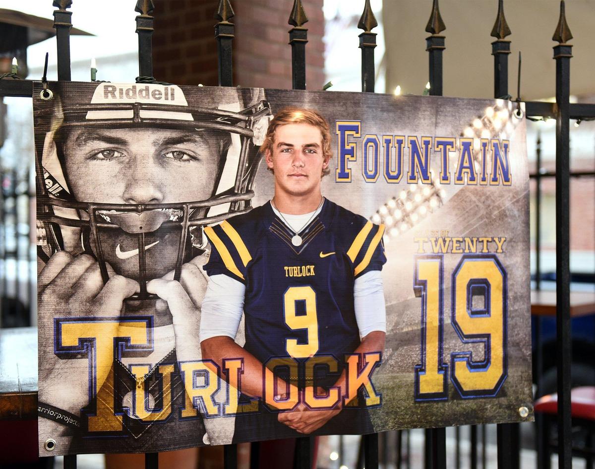 A banner for Turlock high school senior Garret Fountain is pictured at his letter of intent signing with San Diego State University on Friday December 21, 2018 at Red Brick Bar & Grill in Turlock, Calif.