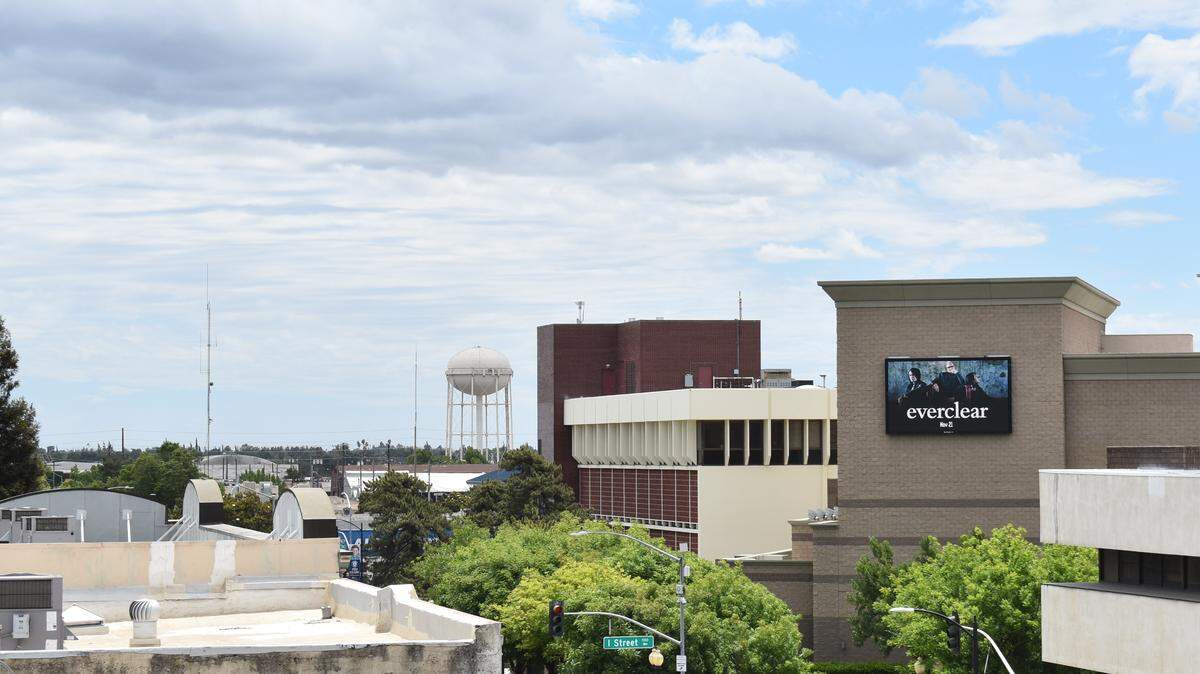 The electronic billboard on the Gallo Center for the Arts reads “everclear,” but the clouds and the National Weather Service say otherwise. Photographed Sunday afternoon, May 17, 2020