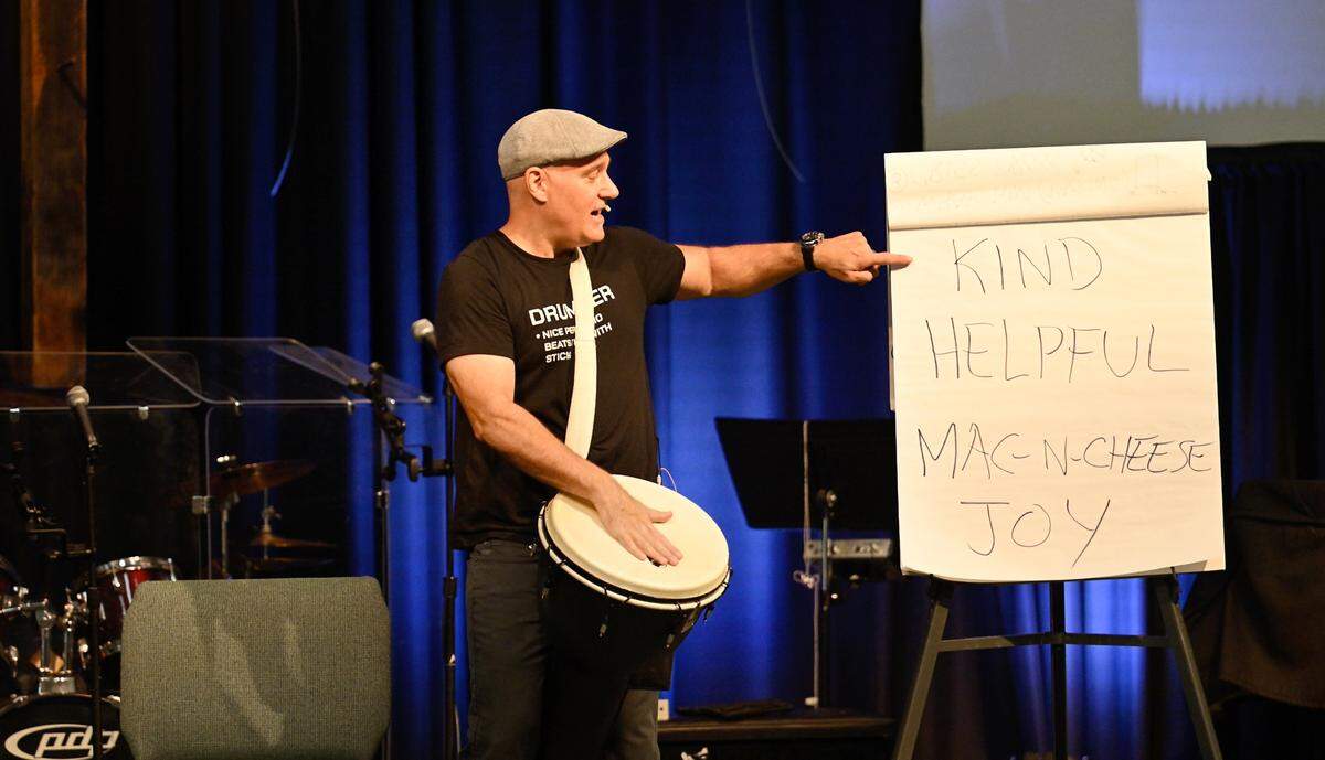 Drummer Josh Robinson conducts a drumming workshop for grieving families of Jessica’s House in Turlock, Calif., Thursday, July 18 , 2024. Robinson, a Philadelphia-based percussionist, uses drumming and music as a tool for coping with grief.