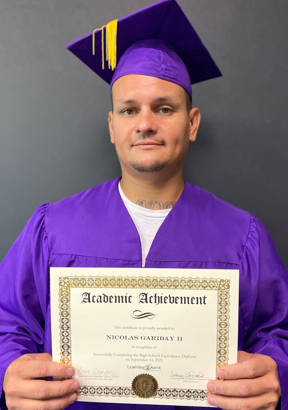 Nicolas Garibay received a High School Equivalency Award from the Literacy Network of Stanislaus County on March 4, 2022