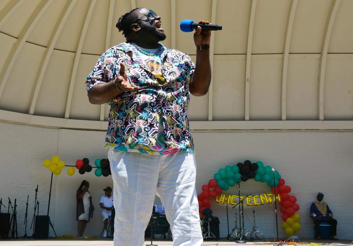 Terrance Lane from Victory in Praise church in Modesto sings during the city’s annual Juneteenth celebration in Graceada Park on Saturday, June 17, 2023.