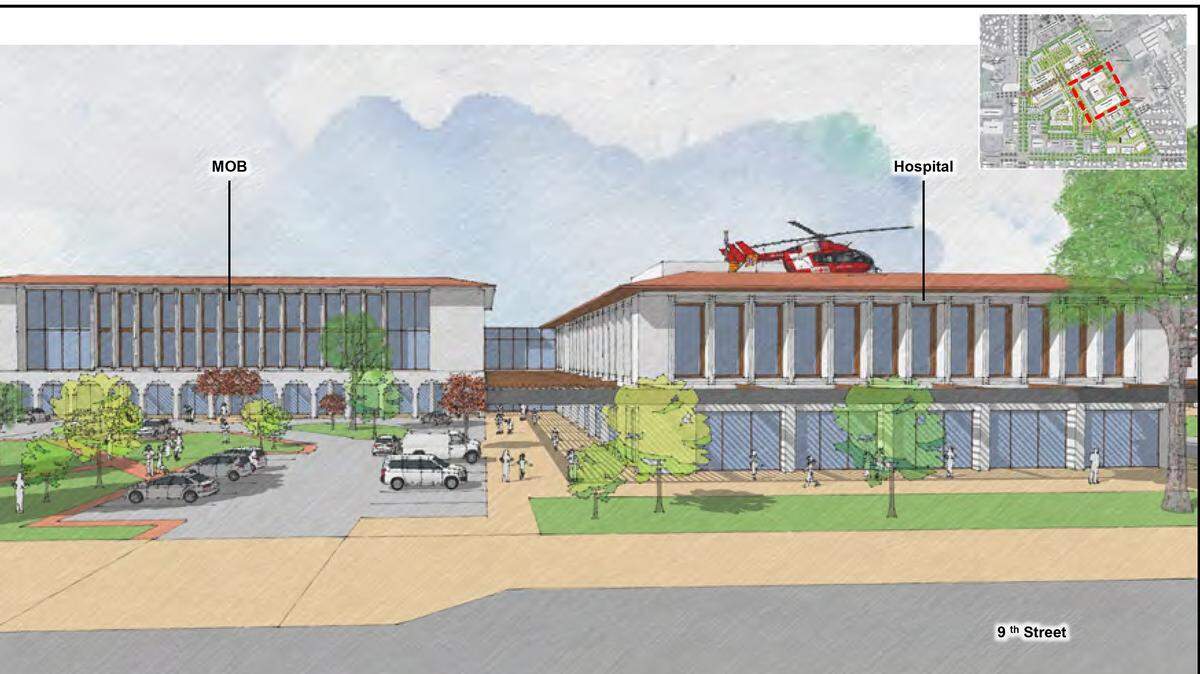 A proposed hospital is on the right in this architect rendering of plans by the Del Puerto Health Care District in Patterson. A medical office building is on the left. The district board voted Dec. 8, 2025, to submit the plans for city approval.