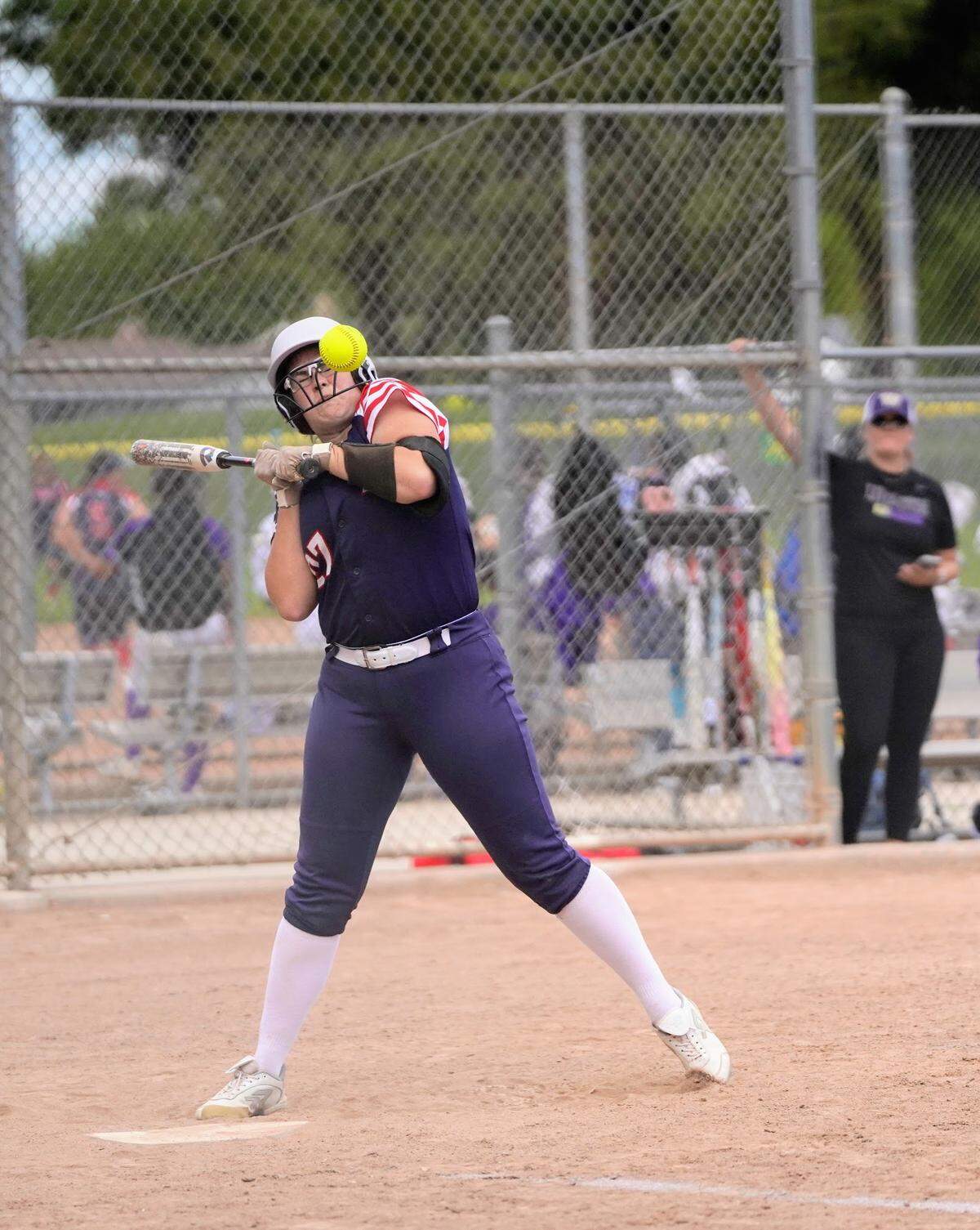 Beyer’s Chelsee Toon is hit by a pitch to load the bases in the fifth inning during a Western Athletic Conference game against Livingston at Beyer Community Park on Friday, April 25, 2025.