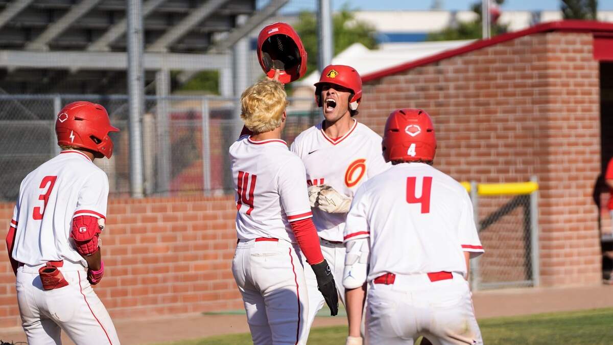Oakdale’s Landon Schutte celebrates with Jordan Haver, Bas Stice and Eric Velazquez after his fifth-inning home run during the Sac-Joaquin Section Division IV baseball quarterfinals against East Union at Oakdale High School on Friday, May 9, 2025.