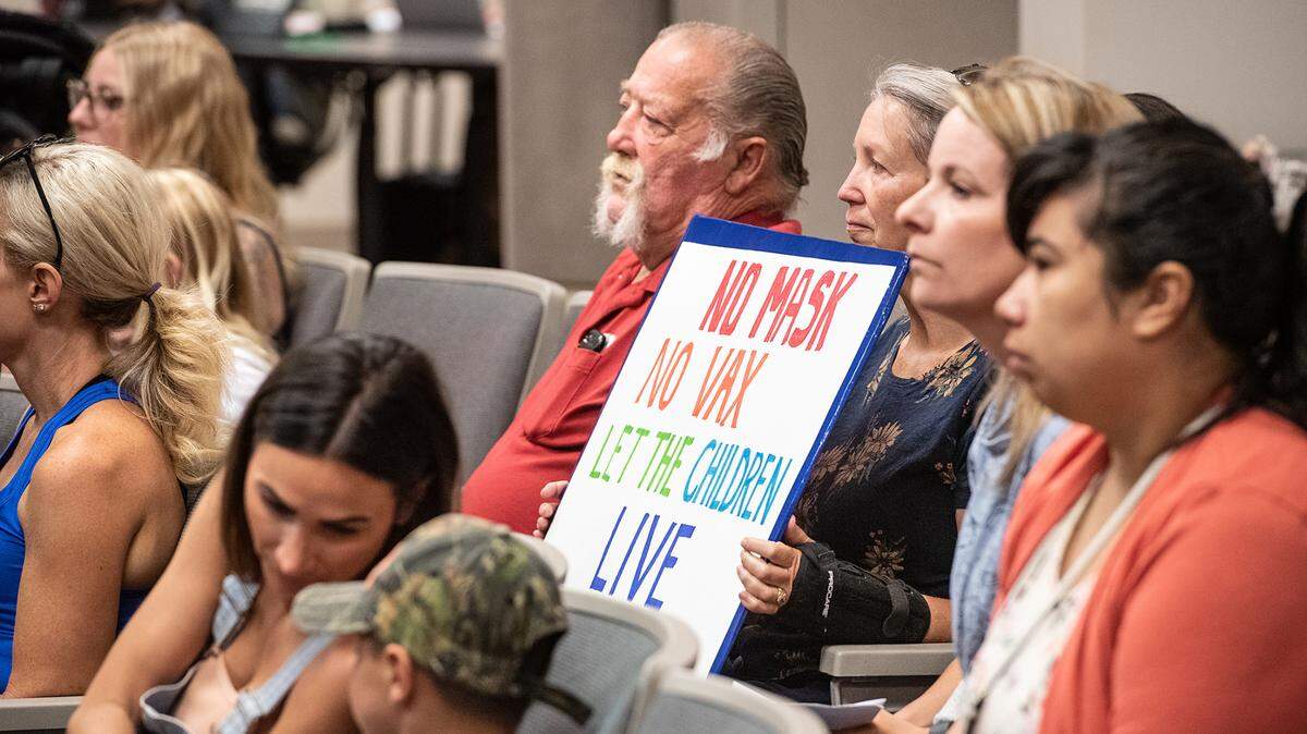 Parents and advocates pack a local government meeting in Modesto, Calif. in July 2021.