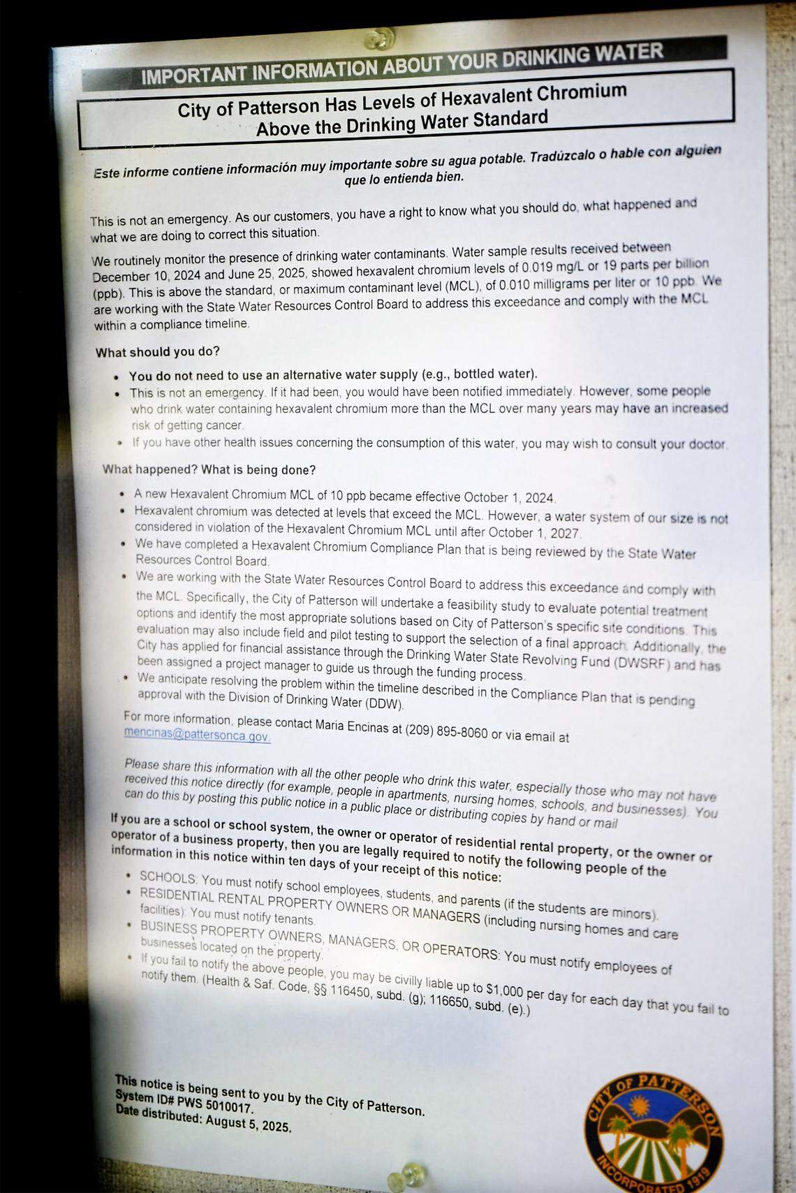 Posted warning about contaminated drinking water at City Hall in Patterson, Monday, Aug. 11, 2025. 