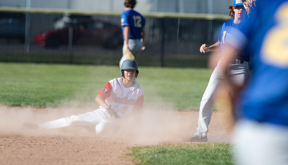 Modesto’s Giovanni Lunardi is safe at second with a three-run double during the Windemuth Tournament championship game with Ripon Christian at Modesto High School in Modesto, Calif., Thursday, April 13, 2023.