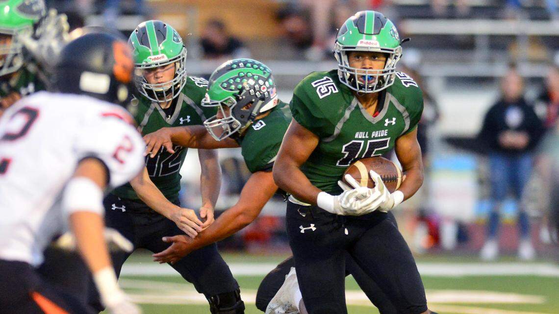 Pitman receiver Payton Bass runs a jet sweep during a game between Pitman and Summerville High School at Turlock High School in Turlock CA on September 14, 2018.

