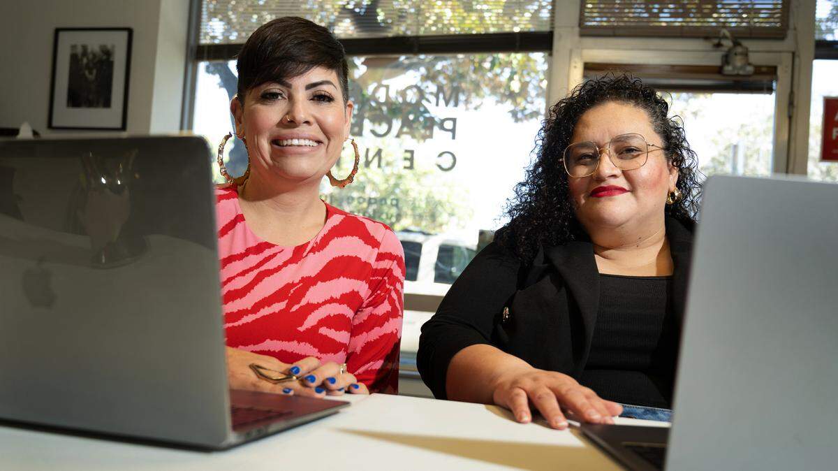 Yüda ayüda co-founders Karlha Arias, left, and Daisy Mayorga, right, in Modesto, Calif., on Thursday, March 14, 2024. It is a tech startup focused on helping people learn and use new technologies.