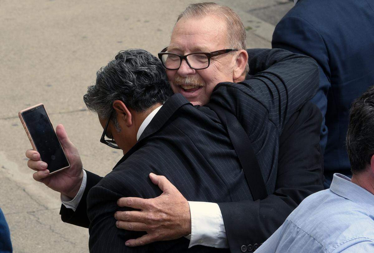 Frank Carson hugs a supporter Friday June 28, 2019 after the not guilty verdict in his trial in Stanislaus County Superior Court in Modesto, Calif.