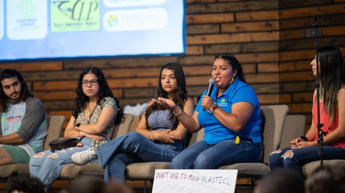 Sofia Canela Torres from Rising Sun Center for Opportunity speaks during a forum on “green jobs” during a Youth Climate Justice Summit at Redeemer Church in Modesto, Calif., Thursday, July 27, 2023.