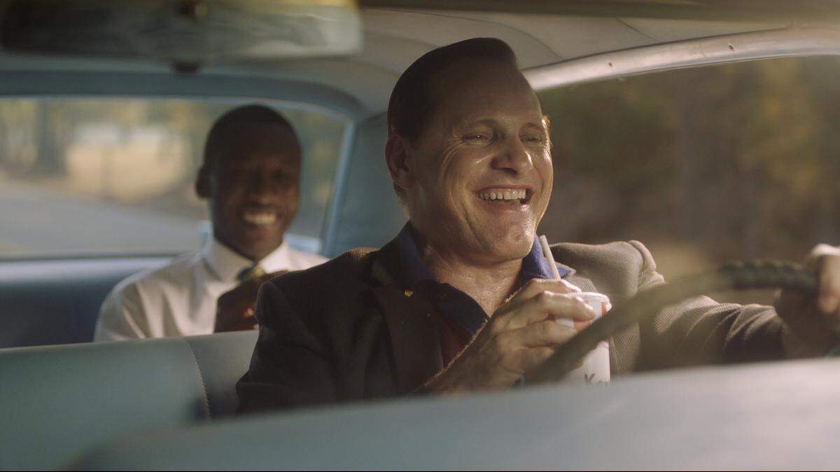 This image released by Universal Pictures shows Viggo Mortensen, foreground, and Mahershala Ali in a scene from “Green Book.” (Universal Pictures via AP)