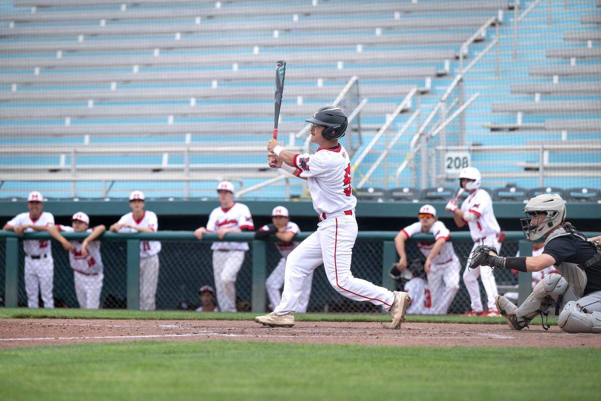 Modesto’s Adrian Hernandez drives the ball to centerfield for an out during the Central California Athletic League game with Pitman at John Thurman Field in Modesto, Monday, March 30, 2026. 