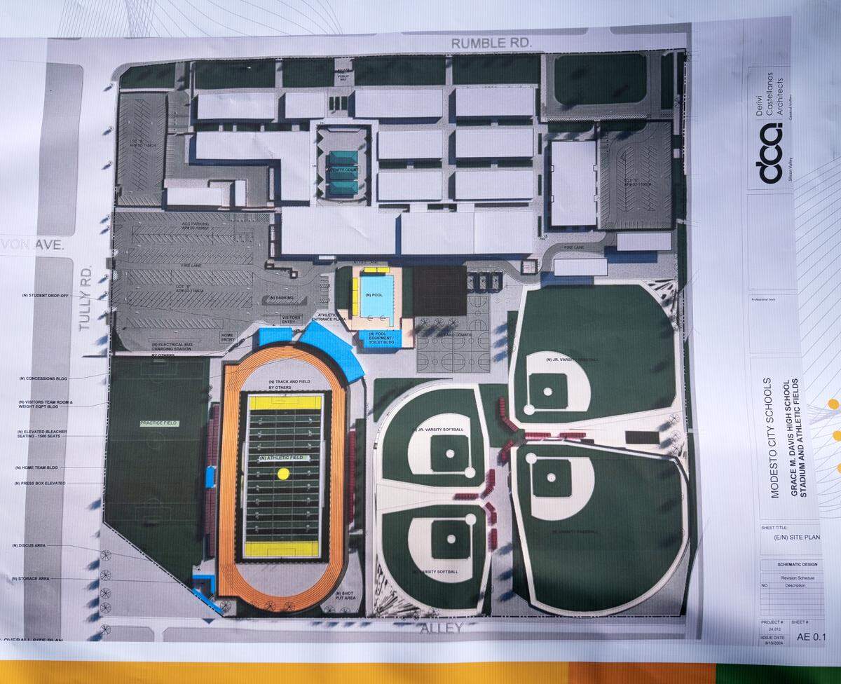 Site plan of the new sports fields and aquatic center at Grace Davis High School in Modesto, Friday, May 9, 2025.