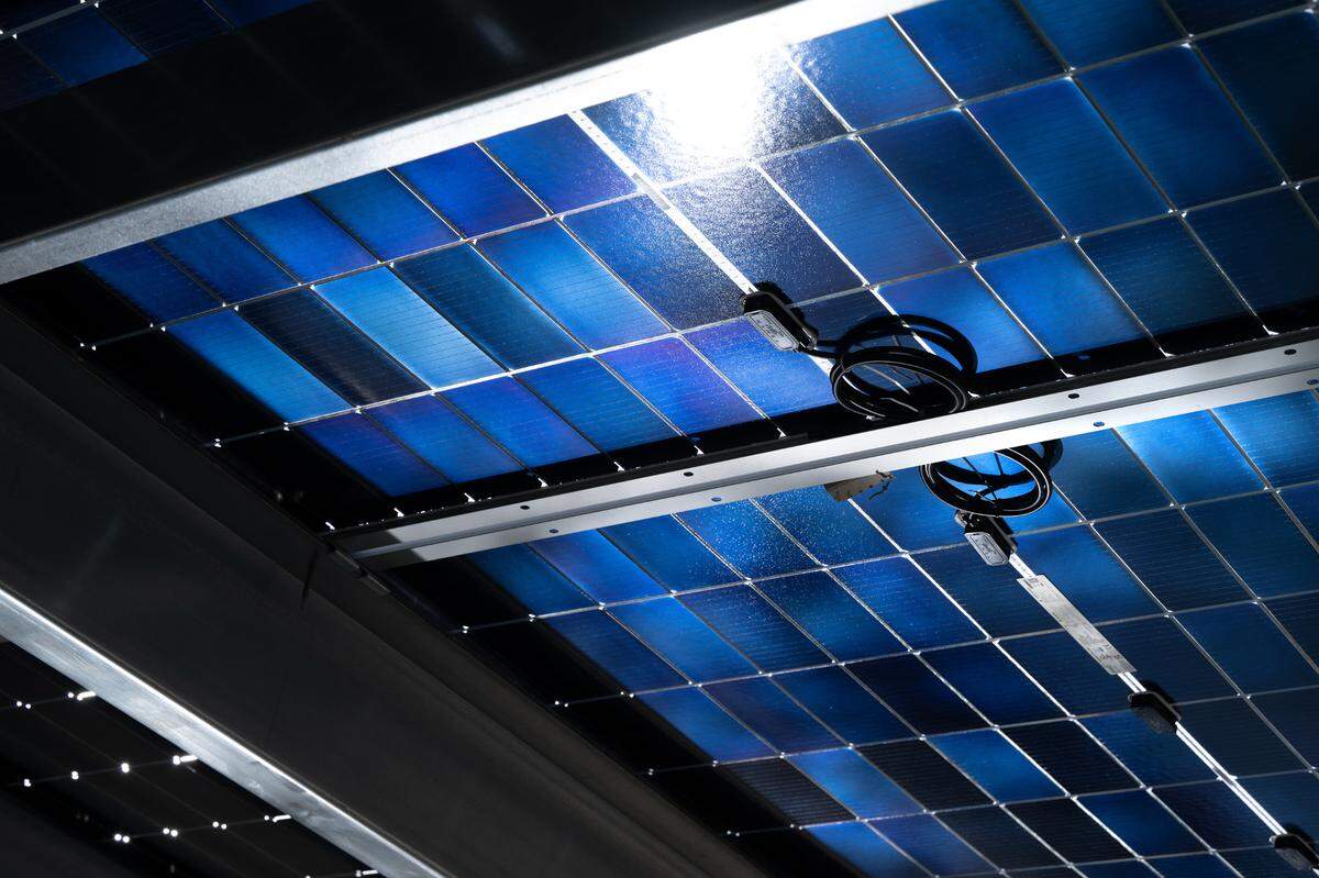 Detail of the underside of the solar panels used in Project Nexus, a Turlock Irrigation District pilot project using solar arrays to cover irrigation canals southwest of Keyes, Thursday, Oct. 17, 2024.