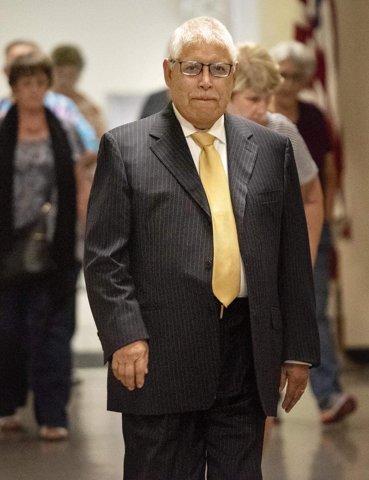 Percy Martinez, attorney for Frank Carson, arrives at the Stanislaus County Superior Courthouse in Modesto, Calif., Friday, June 14, 2019.