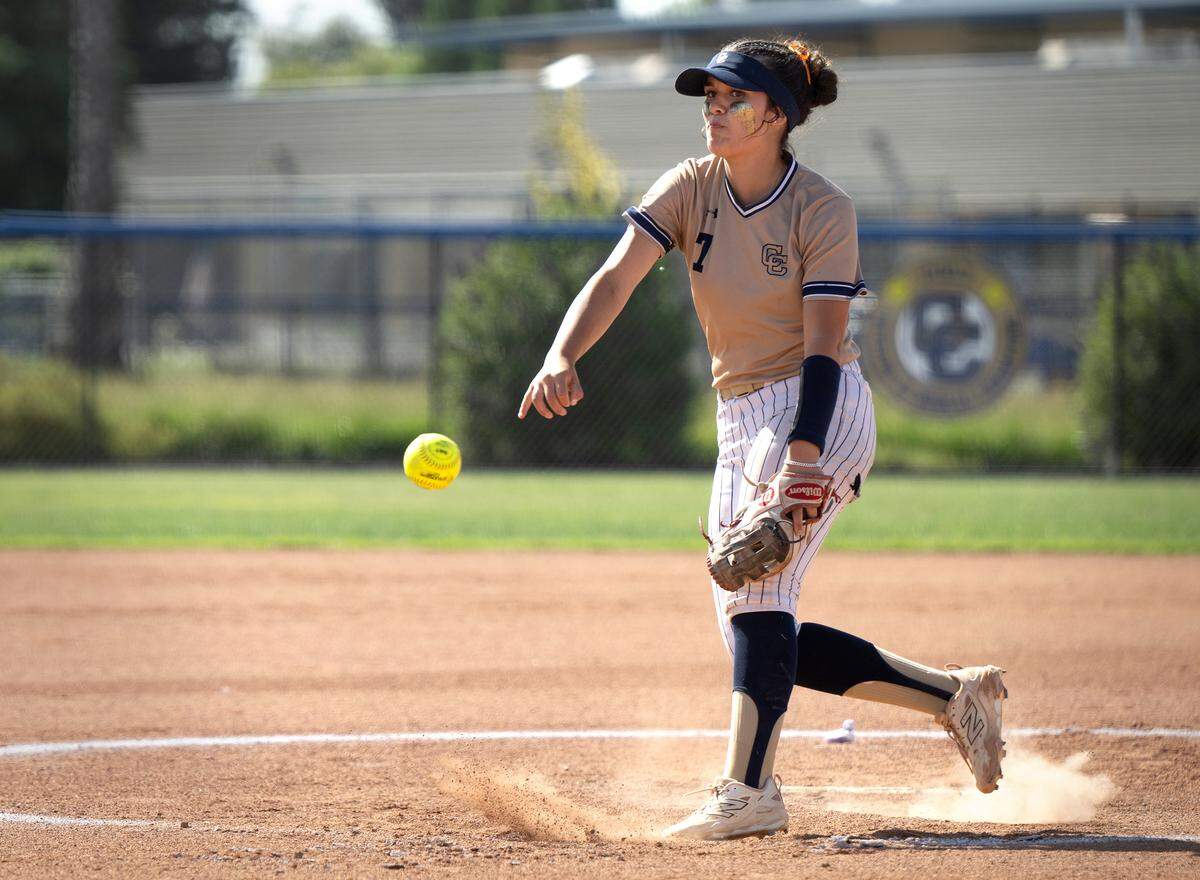 Central Catholic’s Stephanie Garcia delivers a pitch during the Sac-Joaquin Section Division III playoff game with Vista Del Lago at Central Catholic high School in Modesto, Friday, May 16, 2025.
