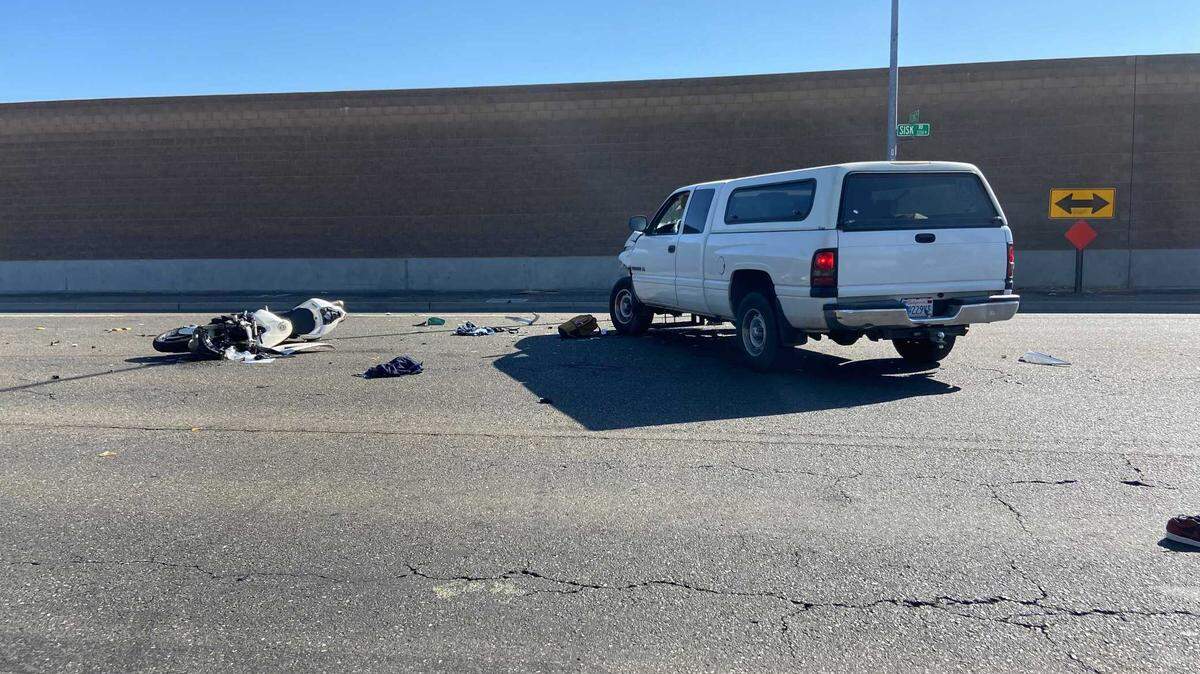 A crash involving a motorcycle and a pickup was reported Tuesday afternoon in Modesto, Calif. July 20, 2021