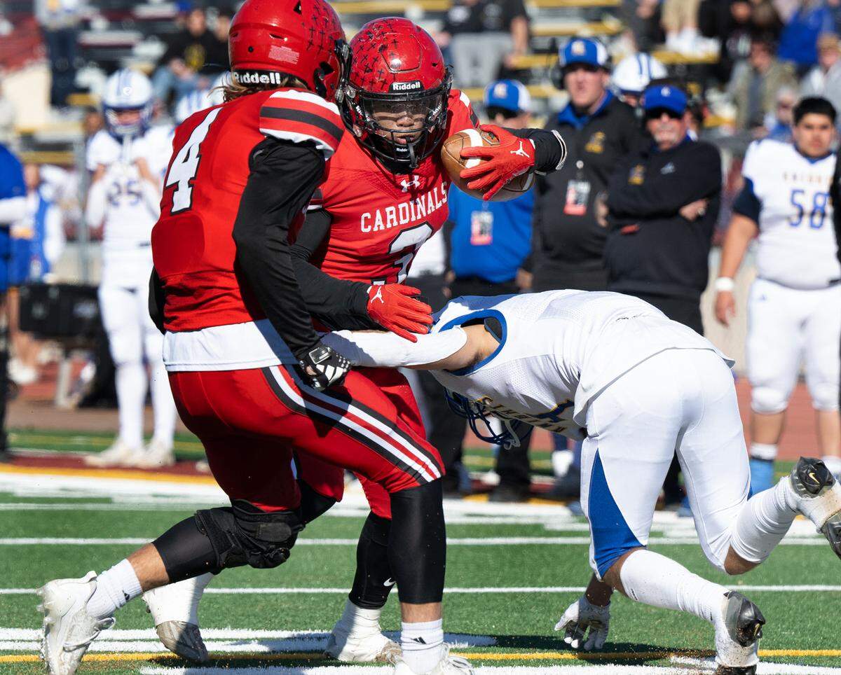 Woodland Christian’s Noah Hinkle runs the ball during the Sac-Joaquin Section Division VII NorCal Qualifier with Ripon Christian at Sacramento City College in Sacramento, Calif., Saturday, Nov. 25, 2023.