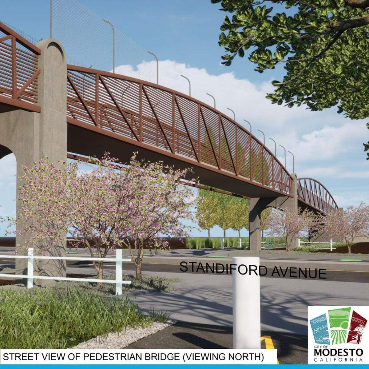 Modesto city design of the pedestrian bridge spanning Standiford Avenue for the next phase of the Virginia Trail. Construction on the phase could start this summer and be completed by fall 2025.