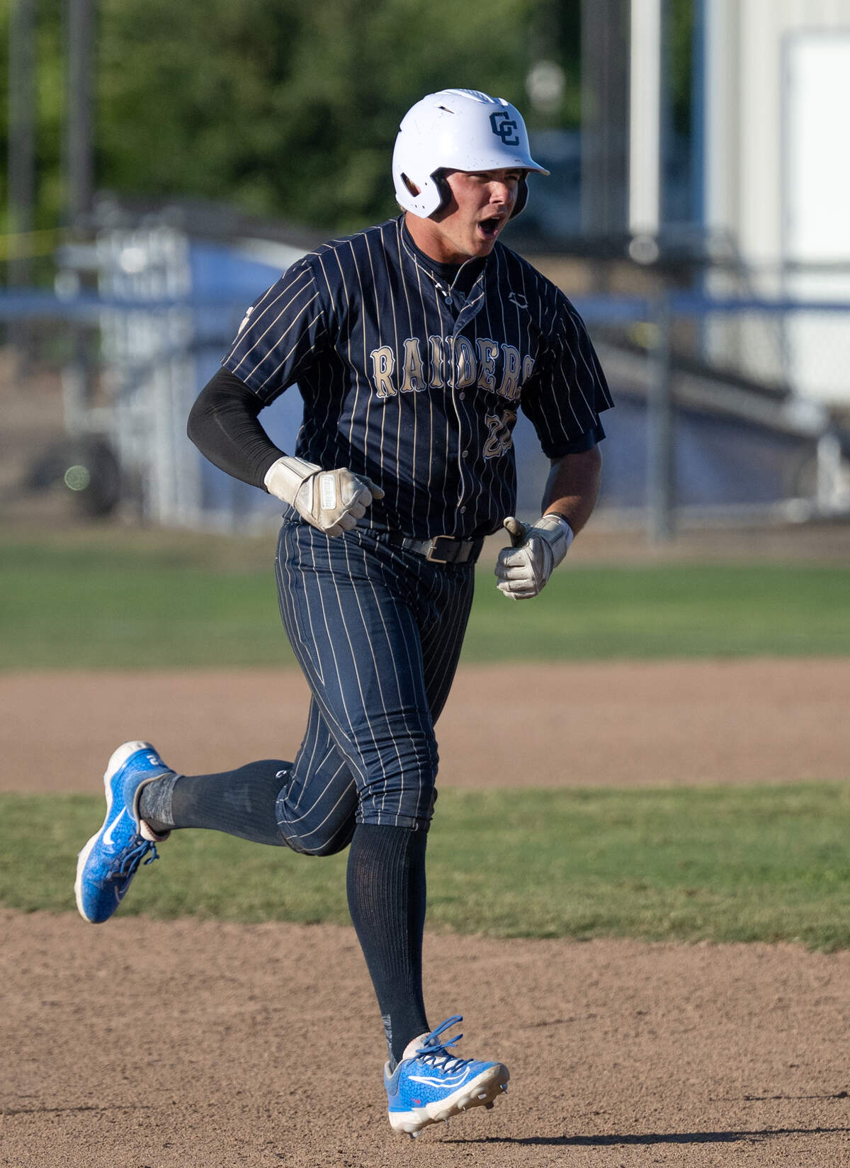 Central Catholic’s Kayden McHenry rounds the bases after a game tying homer in the eighth inning of the Sac-Joaquin Section Division IV quarterfinal playoff game with Twelve Bridges at Central Catholic High School in Modesto, Friday, May 8, 2026.