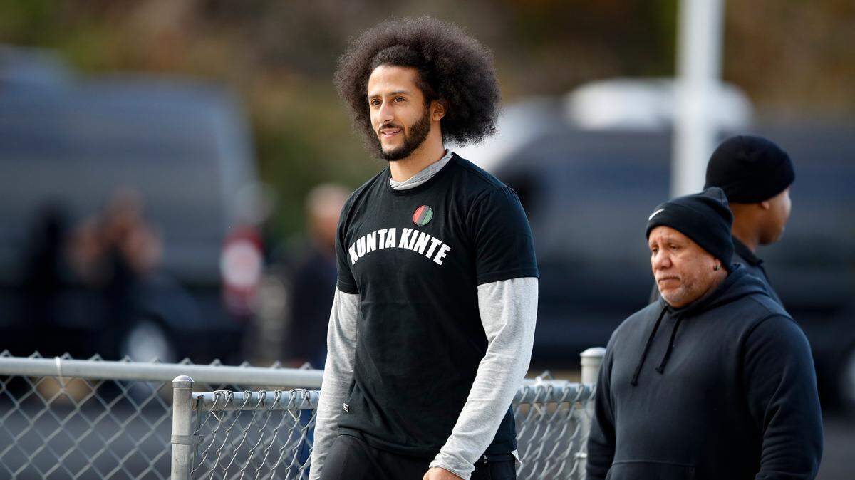 Free agent quarterback Colin Kaepernick arrives at a workout for NFL football scouts and media, Saturday, Nov. 16, 2019, in Riverdale, Ga. (AP Photo/Todd Kirkland)