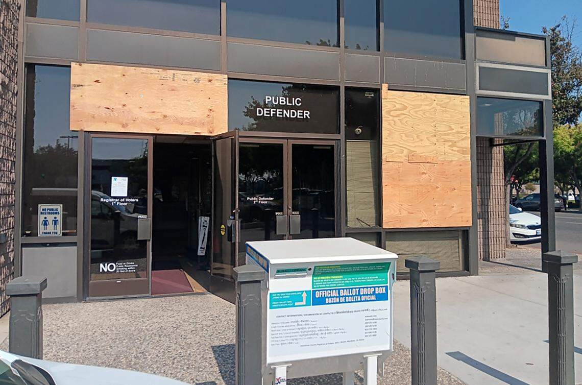 The building housing the Registrar of Voters and Public Defender’s Office are among downtown Modesto establishments that have had their windows smashed in the last week. Photographed in Modesto, Calif., Friday, Sept. 22, 2023.