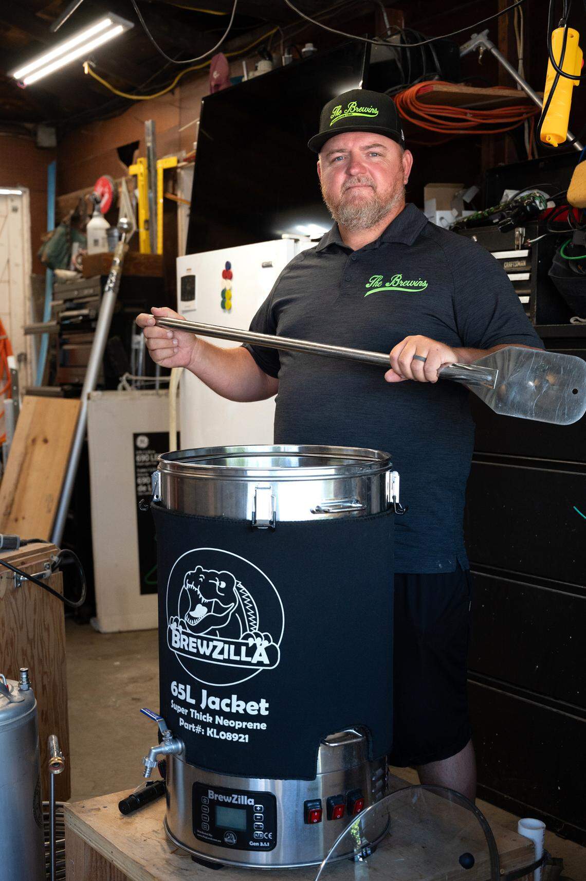 Henry VanderWeide III brews beer using an all-in-one electric system at his home in Ripon, Calif., Friday, August 18, 2023.