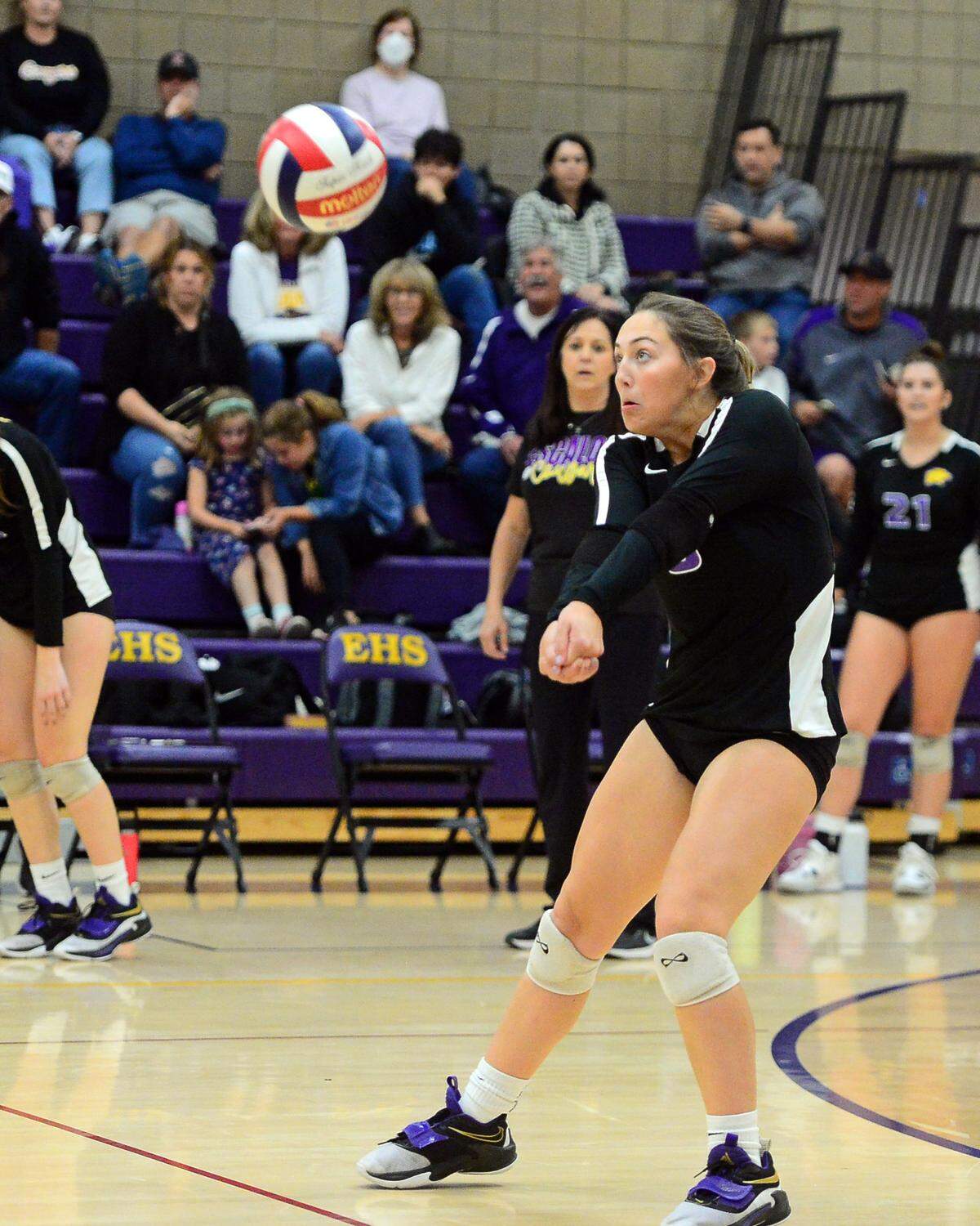 Escalon’s Macie Vickers (6) hits the ball up during a CIF San-Joaquin Division III Girls Volleyball Playoffs game between Escalon High School and Ponderosa High School at Escalon High School in Escalon CA on November 1, 2022. Escalon won the match 3-2.
