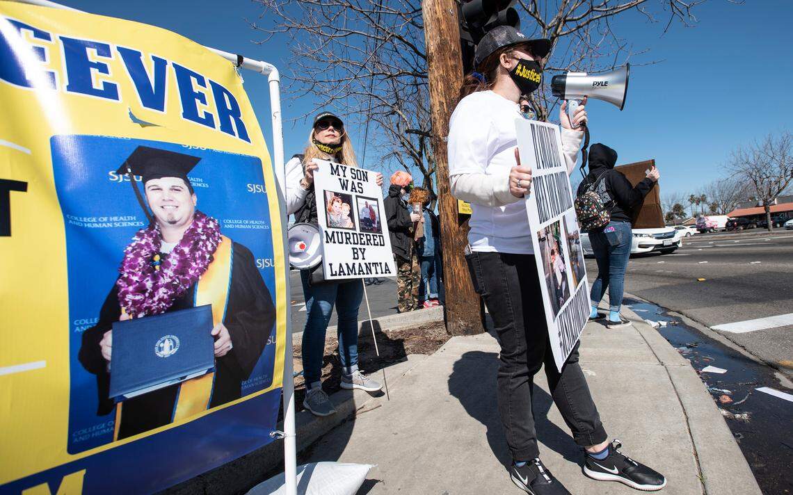 The family of Trevor Seever demands justice at a rally on Crows Landing Road in Modesto, Calif., on Saturday, Feb. 27, 2021. Seever was shot and killed by Modesto Police Officer Joseph Lamantia last December.
