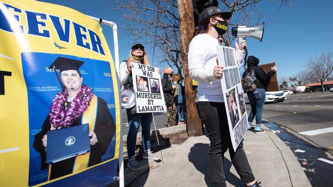 The family of Trevor Seever demands justice at a rally on Crows Landing Road in Modesto, Calif., on Saturday, Feb. 27, 2021. Seever was shot and killed by Modesto Police Officer Joseph Lamantia last December.