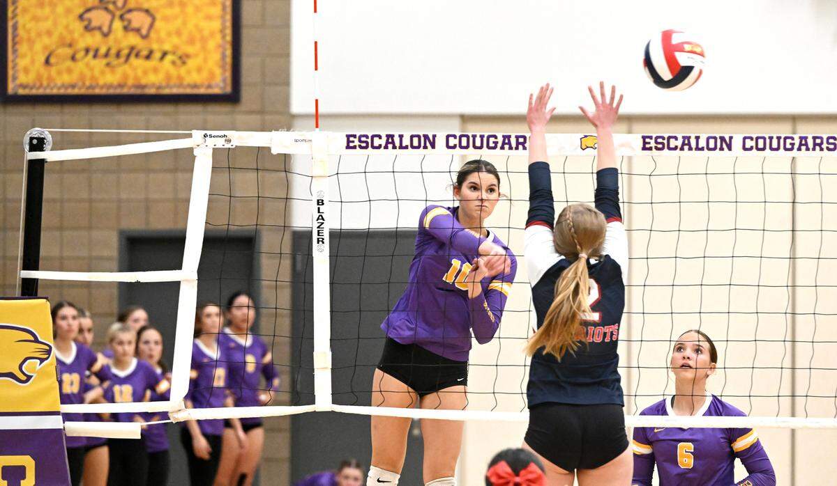 Escalon’s Sophia Martin spikes the ball for a winner during the D-III quarterfinal match with Beyer at Escalon High School in Escalon, Calif., Thursday, Oct. 26, 2023.