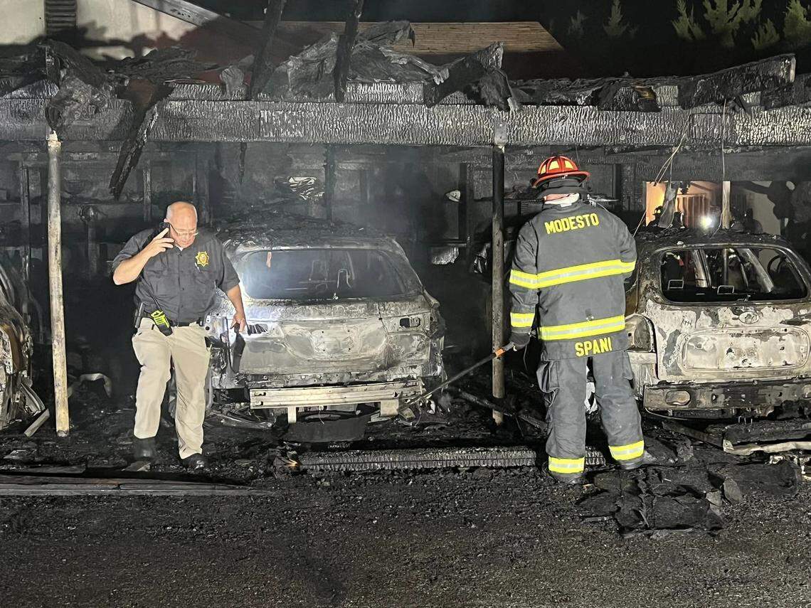 A case of arson Sunday night, Sept. 3, 2023, on Colorado Avenue in Turlock damaged a duplex and eight vehicles and destroyed a carport.